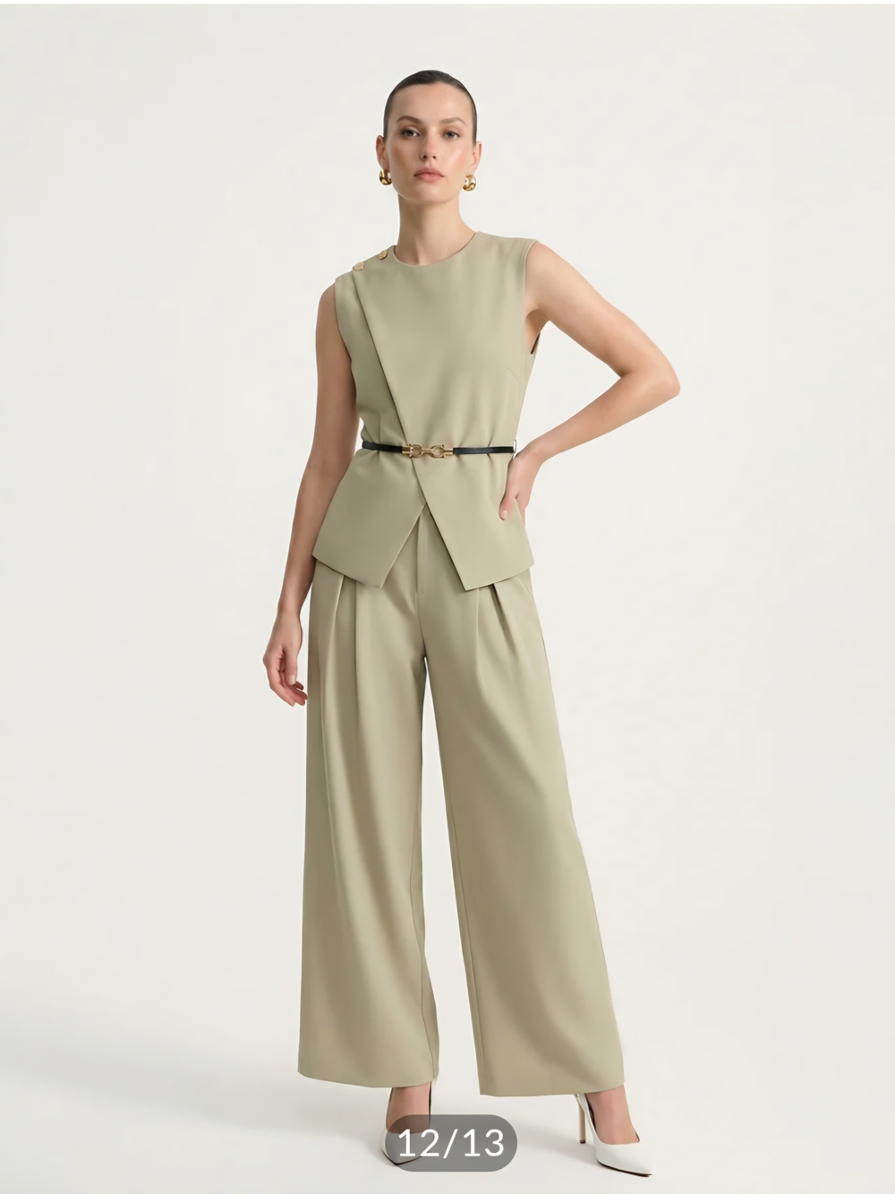 Commense Olive Semi-Sheer Sleeveless Belted Top & Pleated Pants Set